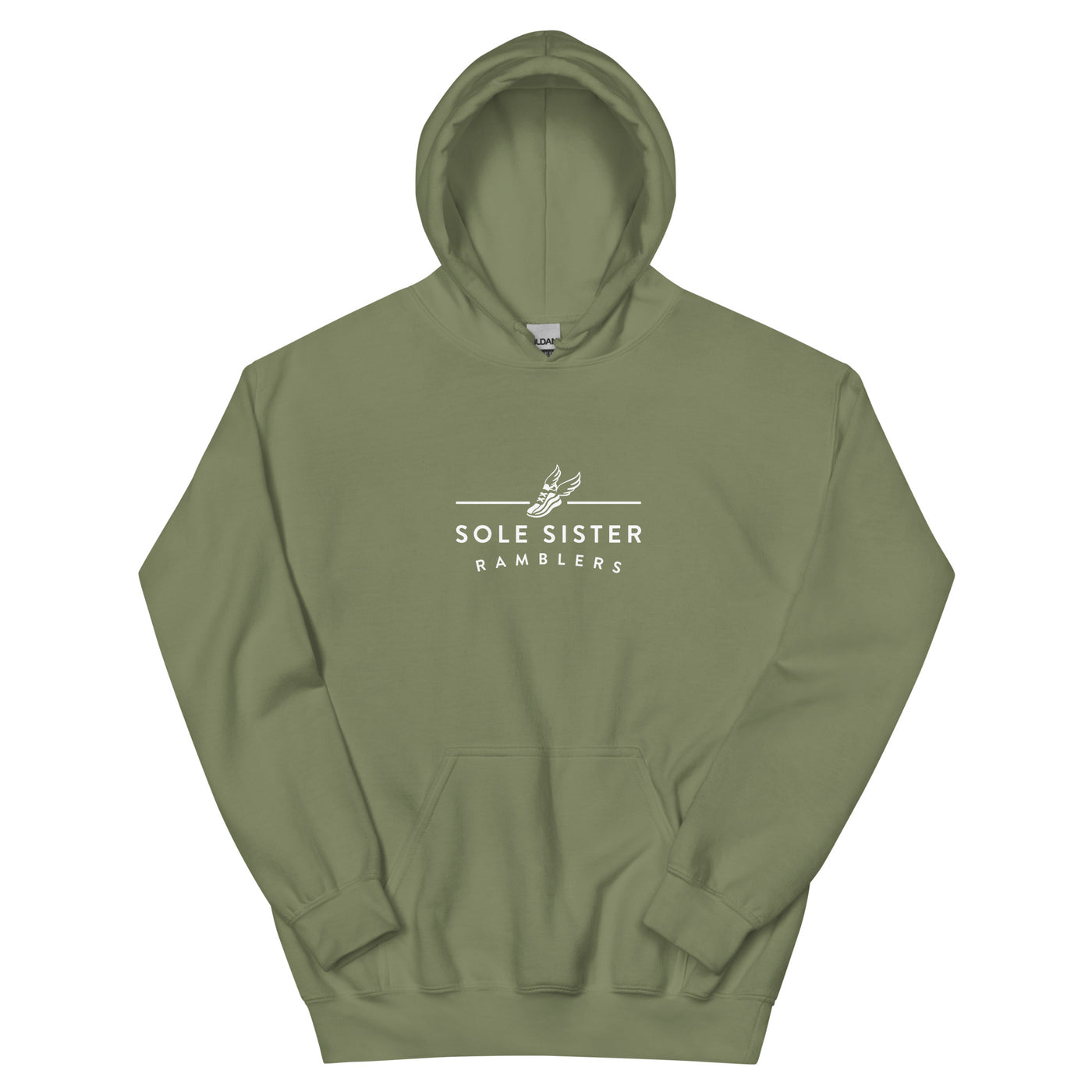 Front view amry green hoodie with horizontal Sole Sister Ramblers logo.