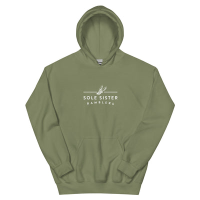 Front view amry green hoodie with horizontal Sole Sister Ramblers logo.
