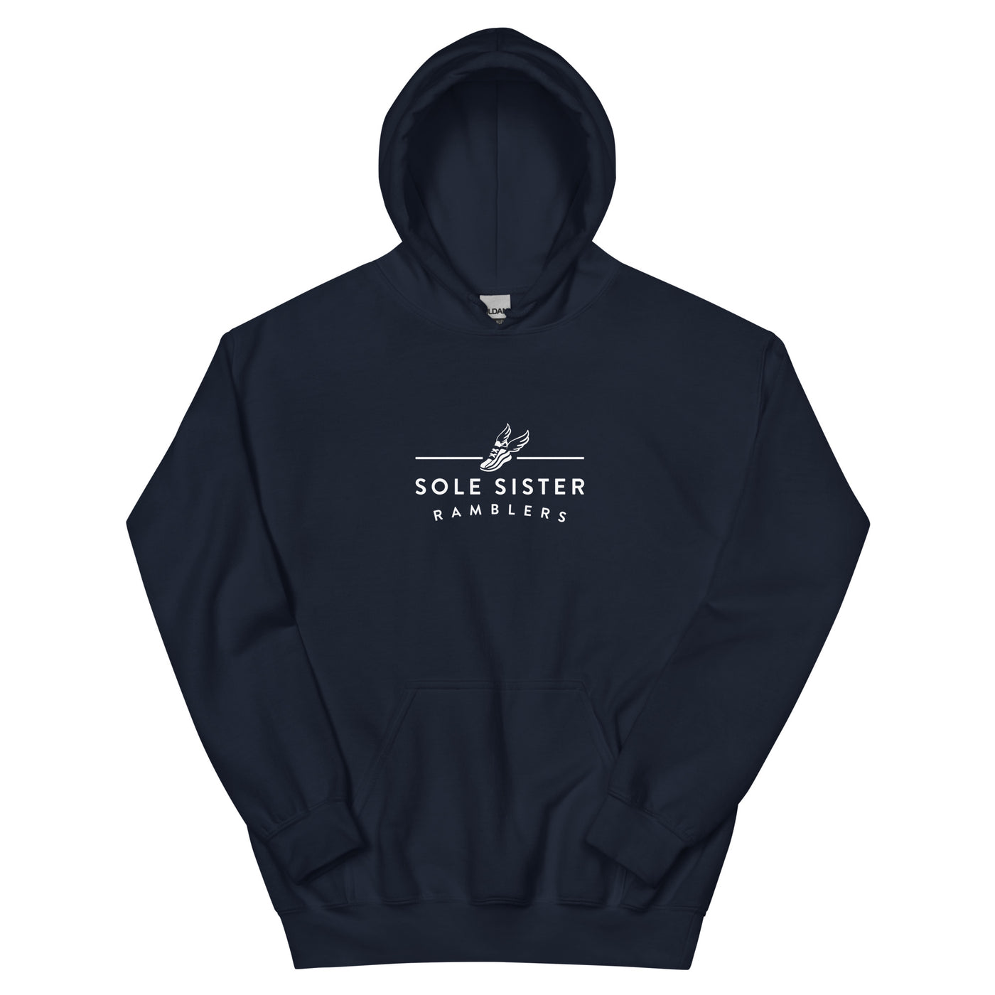 Front view navyhoodie with horizontal Sole Sister Ramblers logo.