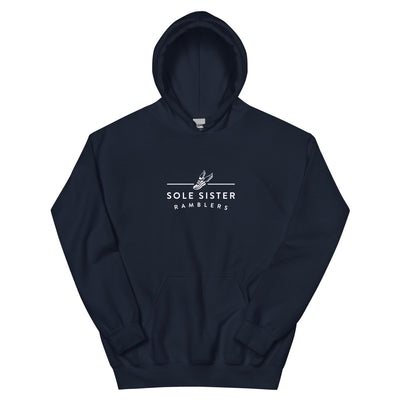 Front view navyhoodie with horizontal Sole Sister Ramblers logo.