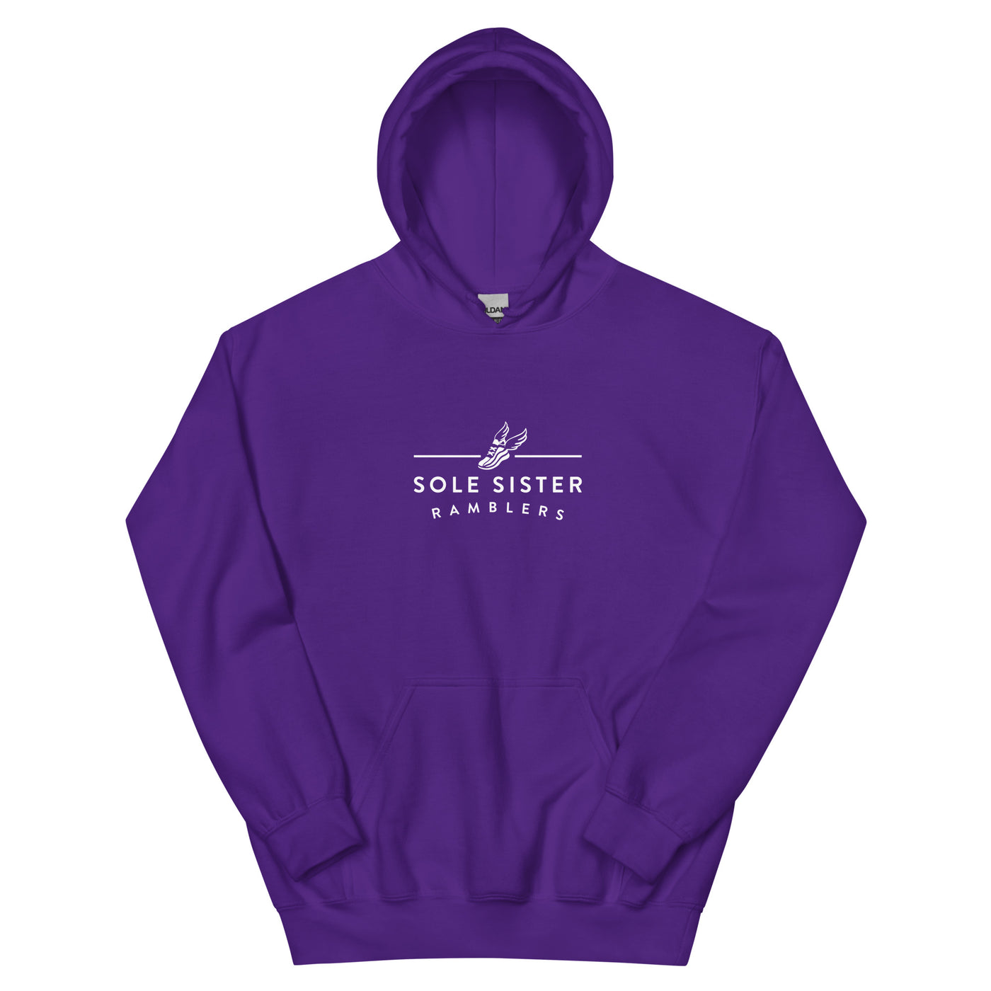 Front view purple hoodie with horizontal Sole Sister Ramblers logo.