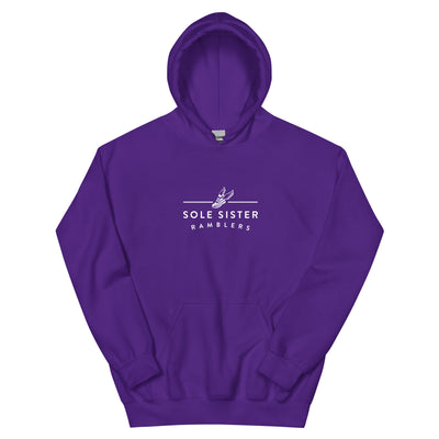 Front view purple hoodie with horizontal Sole Sister Ramblers logo.