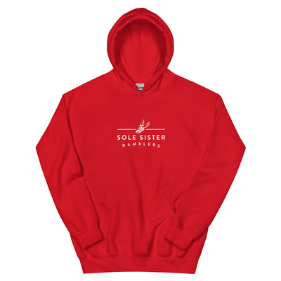 Front view red hoodie with horizontal Sole Sister Ramblers logo.