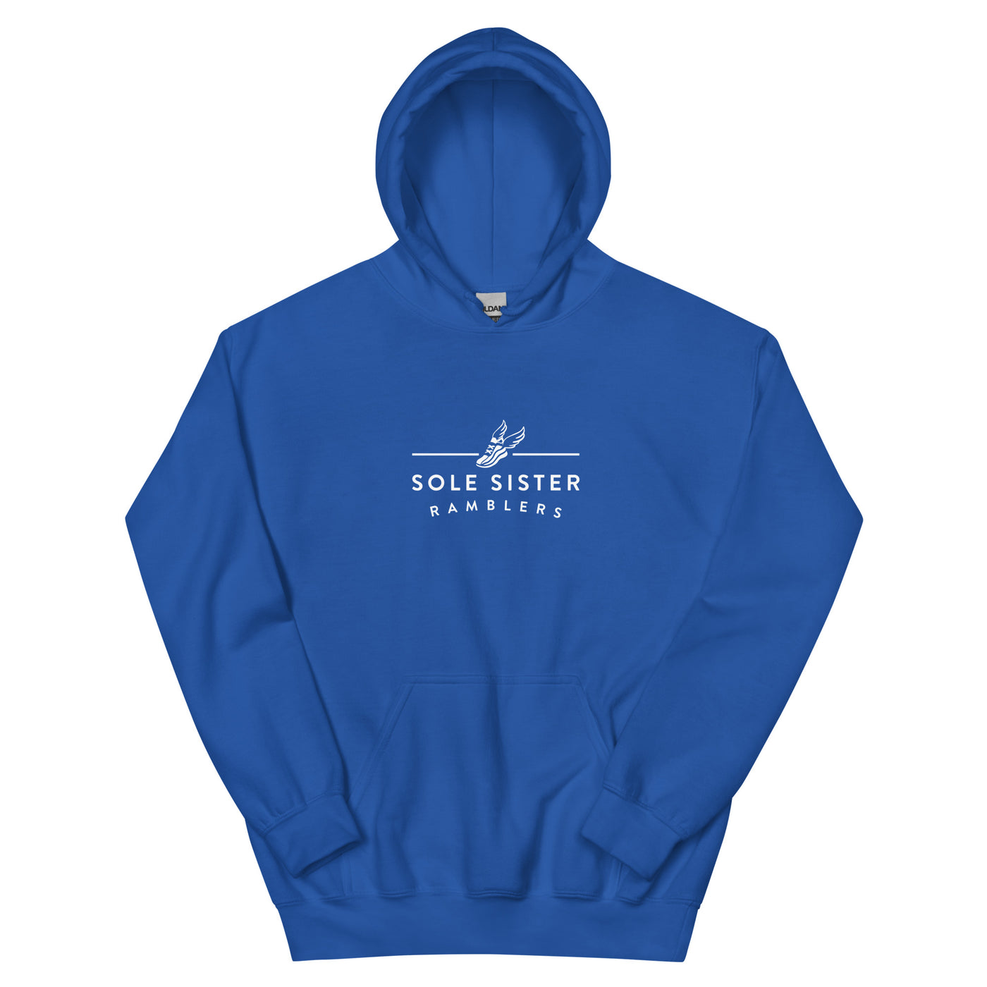 Front view royal blue hoodie with horizontal Sole Sister Ramblers logo.