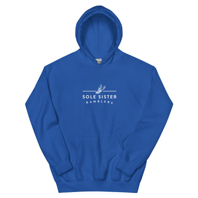 Front view royal blue hoodie with horizontal Sole Sister Ramblers logo.