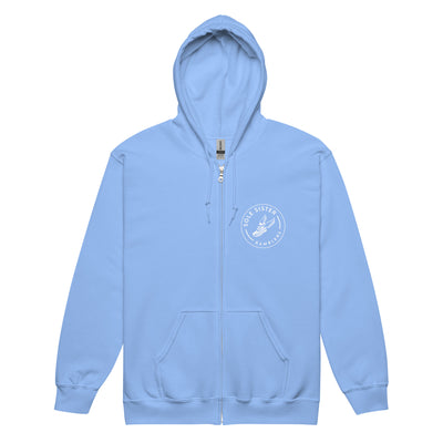 Front view of a light blue zippered hoodie with Sole Sister Ramblers logo.