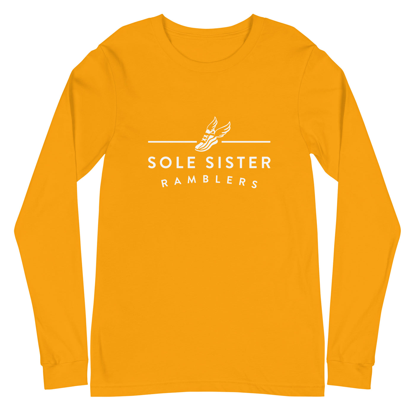 Front view of yellow long sleeve t-shirt with white landscape Sole Sister Ramblers logo.