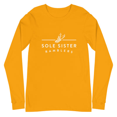 Front view of yellow long sleeve t-shirt with white landscape Sole Sister Ramblers logo.