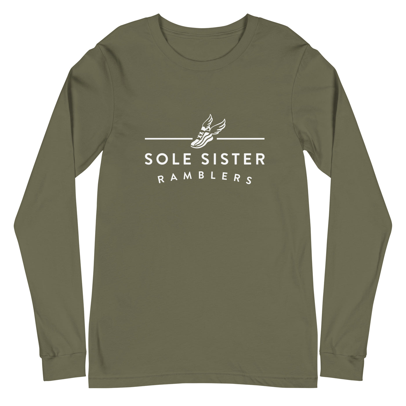 Front view of olive green long sleeve t-shirt with white landscape Sole Sister Ramblers logo.