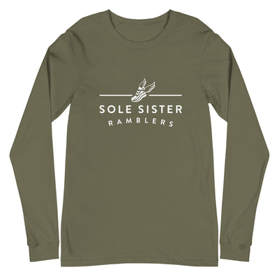 Front view of olive green long sleeve t-shirt with white landscape Sole Sister Ramblers logo.