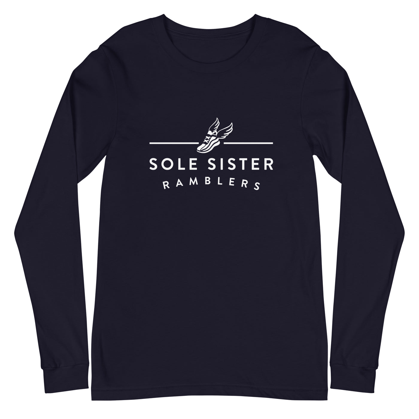 Front view of navy long sleeve t-shirt with white landscape Sole Sister Ramblers logo.