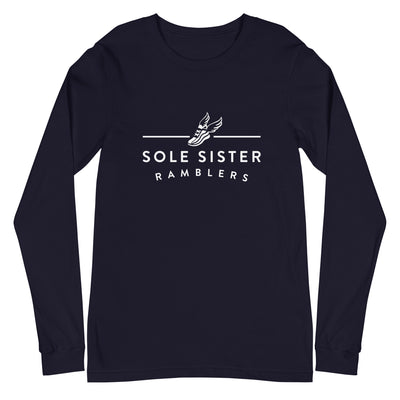 Front view of navy long sleeve t-shirt with white landscape Sole Sister Ramblers logo.