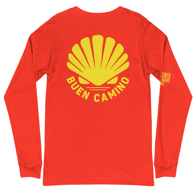 Back view of poppy red long sleeve t-shirt with Buen Camino logo on chest.