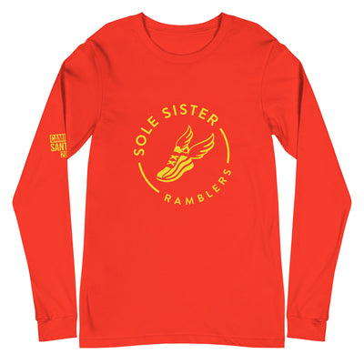 Front view of poppy red long sleeve t-shirt with Sole Sister Ramblers logo on chest.