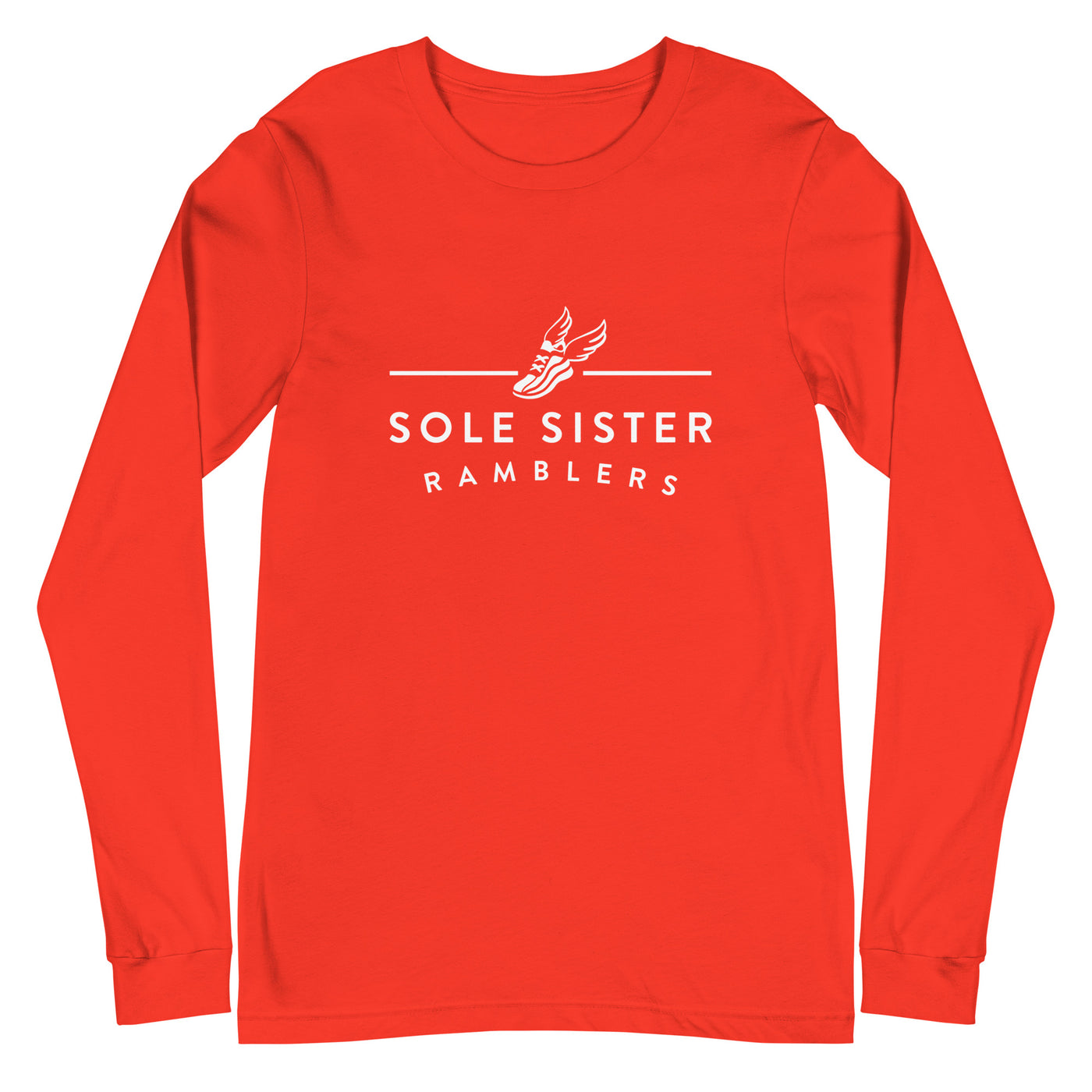 Front view of poppy red sleeve t-shirt with white landscape Sole Sister Ramblers logo.