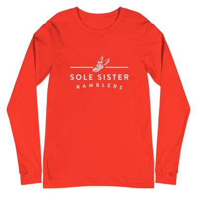 Front view of poppy red sleeve t-shirt with white landscape Sole Sister Ramblers logo.