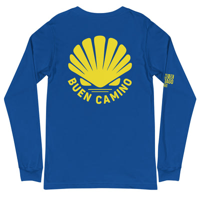 Back view of blue long sleeve t-shirt with Buen Camino graphic on chest.