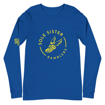 Front view of blue long sleeve t-shirt with Sole Sister Ramblers logo on chest.