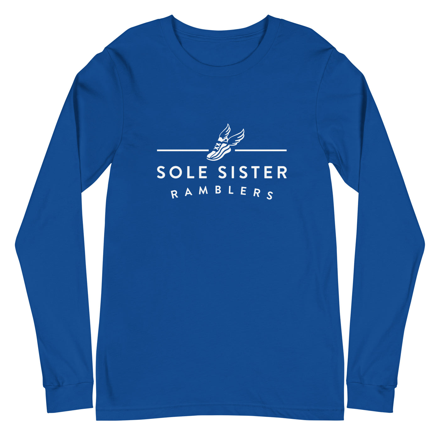 Front view of royal blue long sleeve t-shirt with white landscape Sole Sister Ramblers logo.