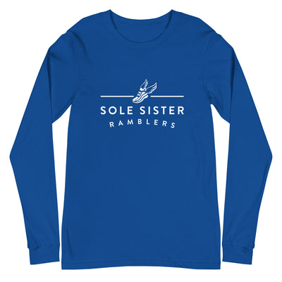 Front view of royal blue long sleeve t-shirt with white landscape Sole Sister Ramblers logo.