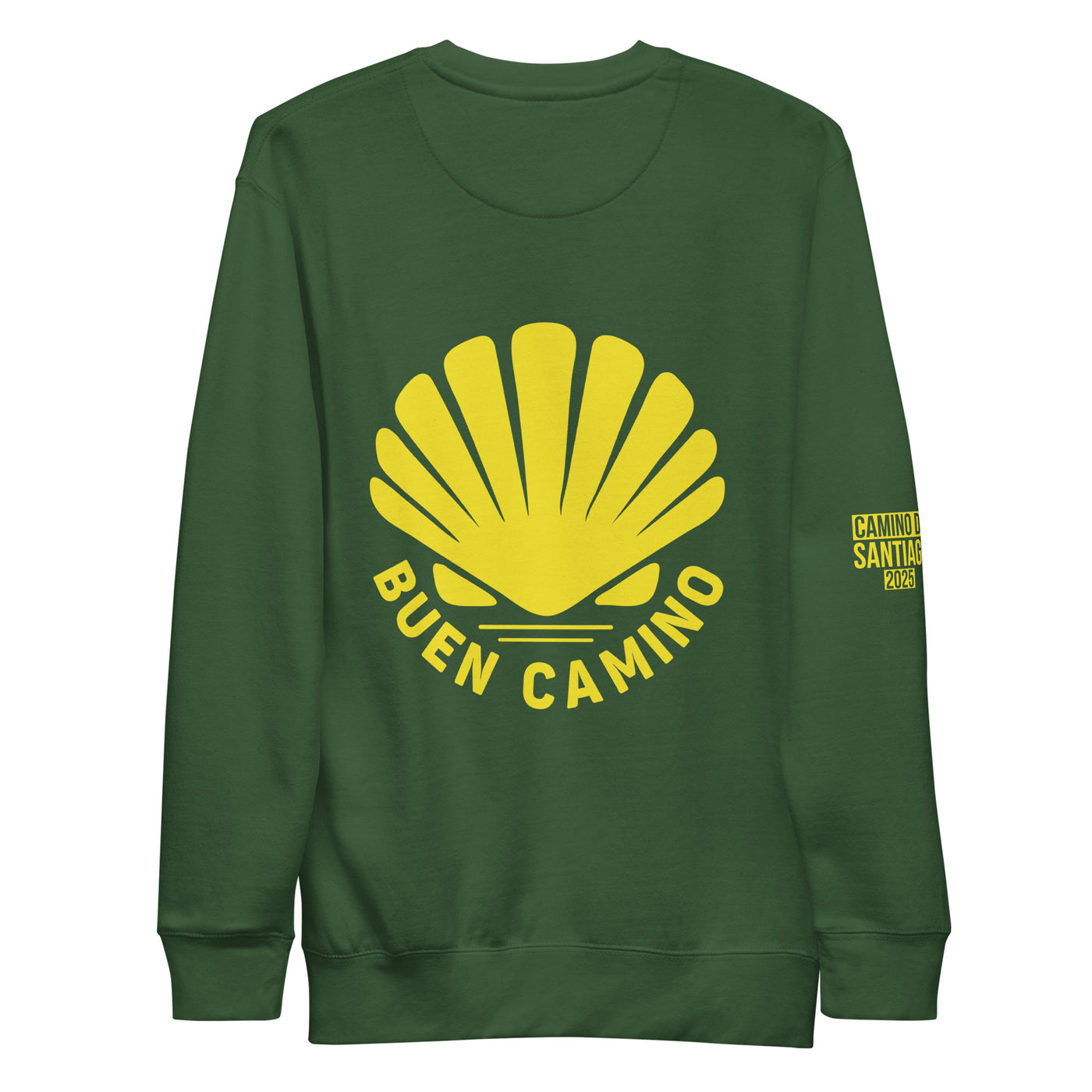 Backside of green crew neck sweatshirt with yellow Buen Camino logo.