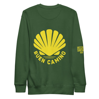 Backside of green crew neck sweatshirt with yellow Buen Camino logo.