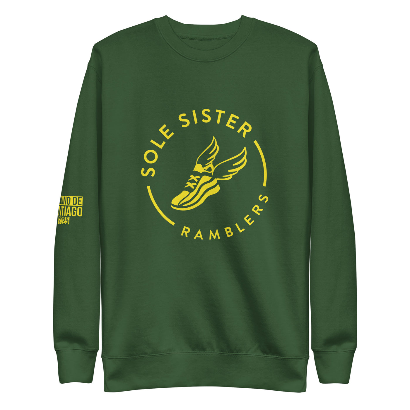 Green crew neck sweatshirt with yellow Sole Sister Rambler logo on chest.