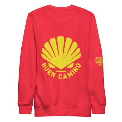 Backside of a crewneck sweatshirt with yellow Buen Camino logo on chest.