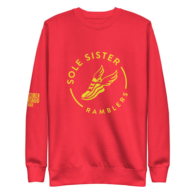 Poppy red crew neck sweatshirt with yellow Sole Sister Rambler logo on chest.