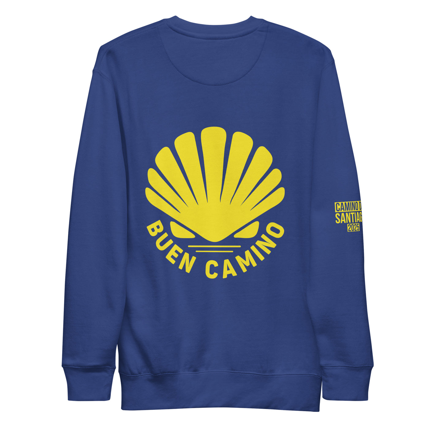 Backside of blue crewneck sweatshirt with yellow Buen Camino graphic.