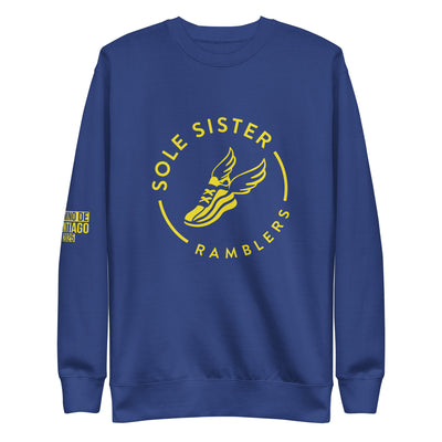 Blue crew neck sweatshirt with yellow Sole Sister Rambler logo on chest.