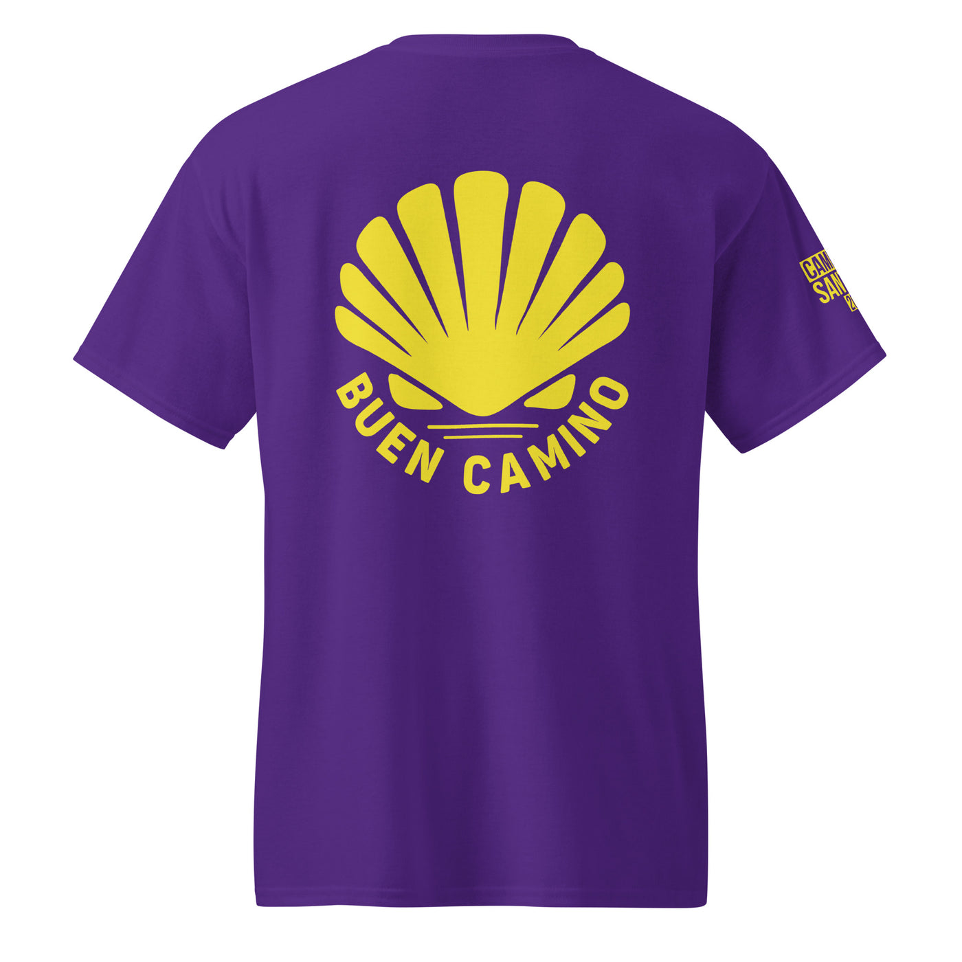 Purple tee with Buen Camino graphic on the back.