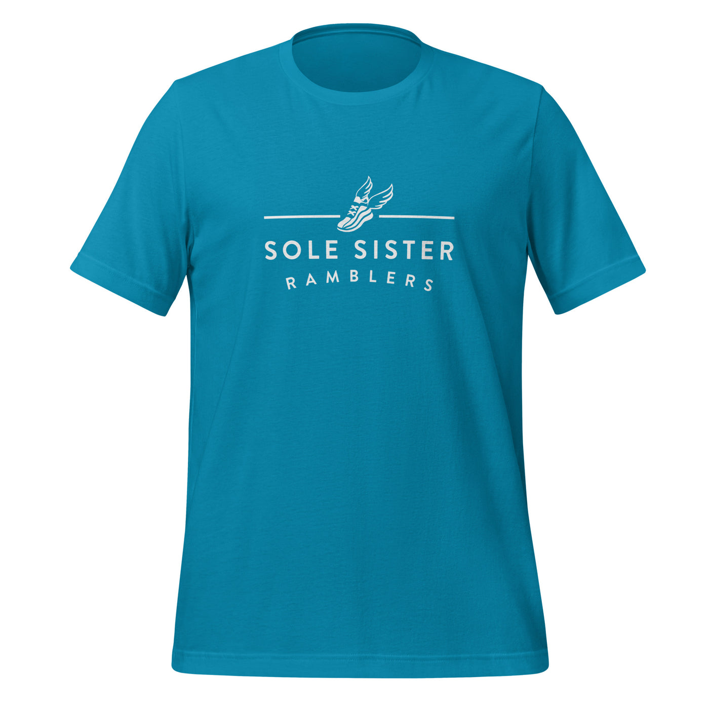Front view of blue t-shirt with horizontal Sole Sister Ramblers logo.