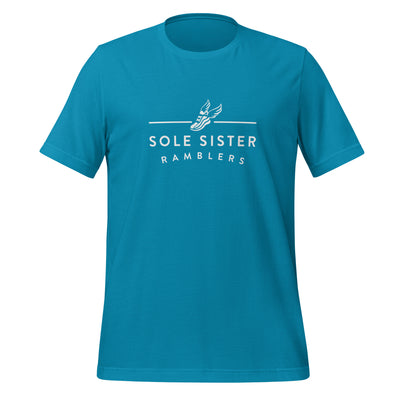 Front view of blue t-shirt with horizontal Sole Sister Ramblers logo.