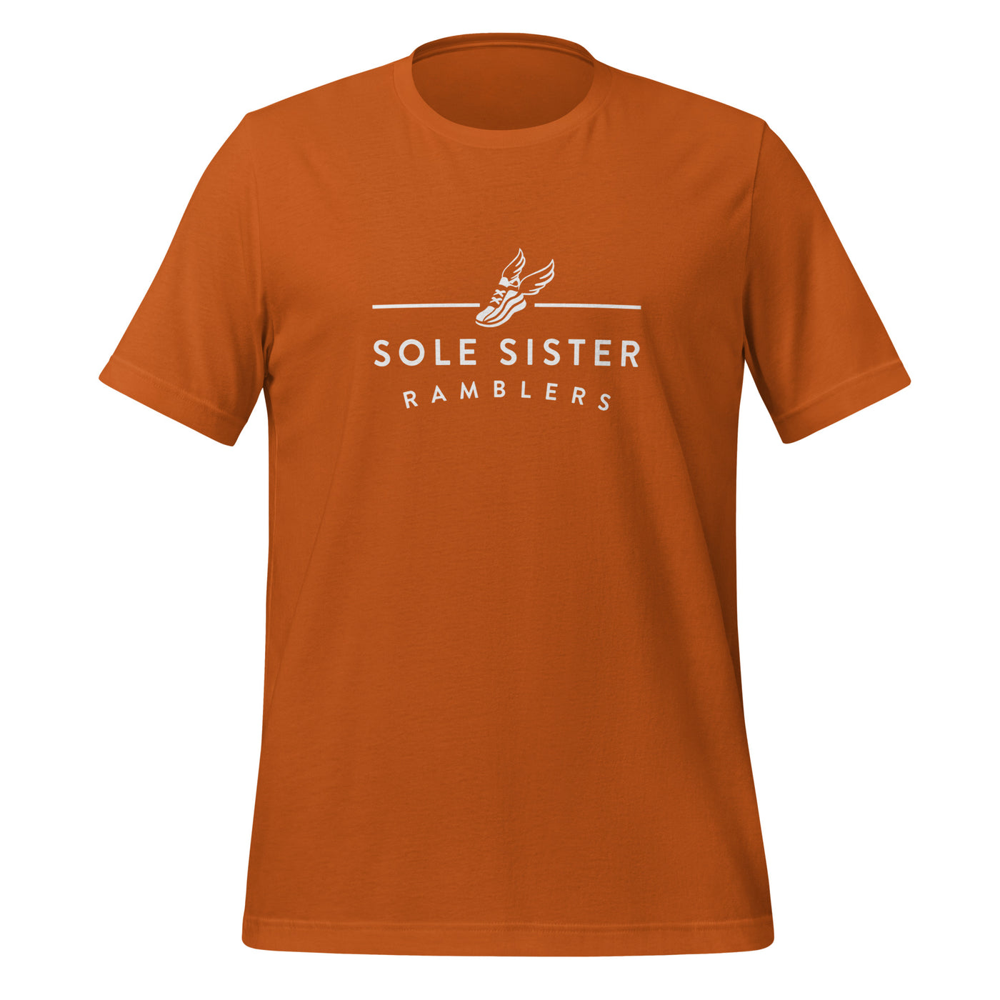 Front view of orange t-shirt with horizontal Sole Sister Ramblers logo.