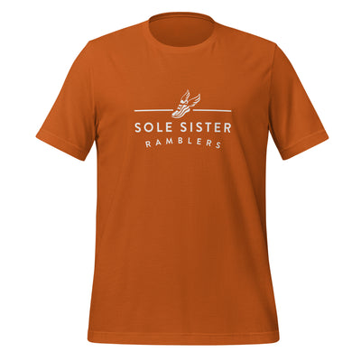 Front view of orange t-shirt with horizontal Sole Sister Ramblers logo.