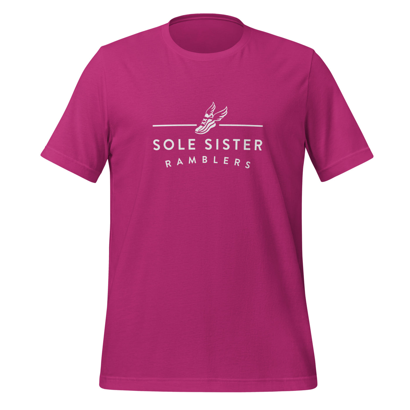 Front view of pink t-shirt with horizontal Sole Sister Ramblers logo.