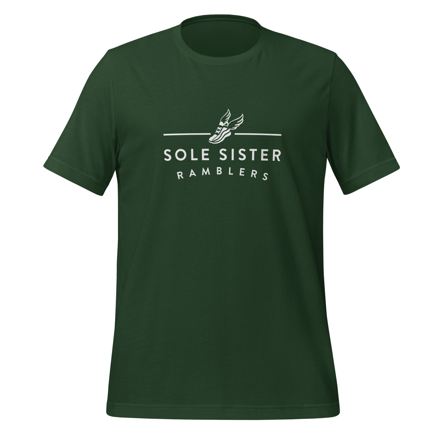 Front view of green t-shirt with horizontal Sole Sister Ramblers logo.
