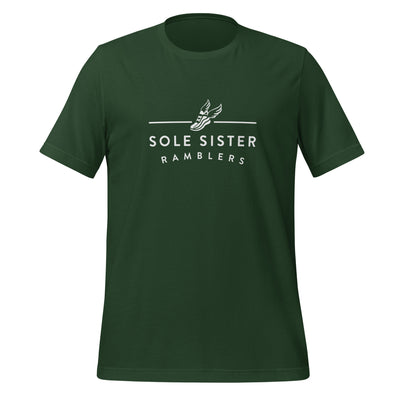 Front view of green t-shirt with horizontal Sole Sister Ramblers logo.