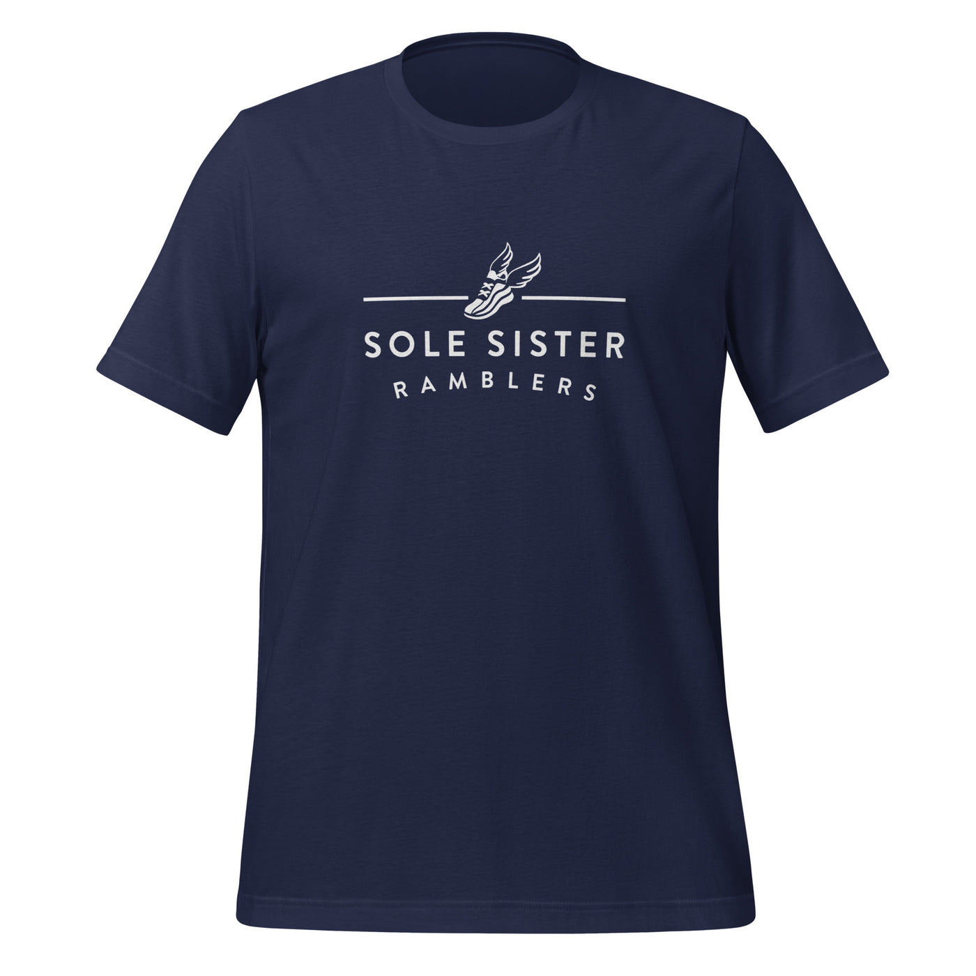 Front view of navy t-shirt with horizontal Sole Sister Ramblers logo.