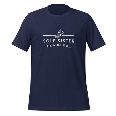Front view of navy t-shirt with horizontal Sole Sister Ramblers logo.