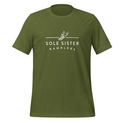 Front view of green t-shirt with horizontal Sole Sister Ramblers logo.