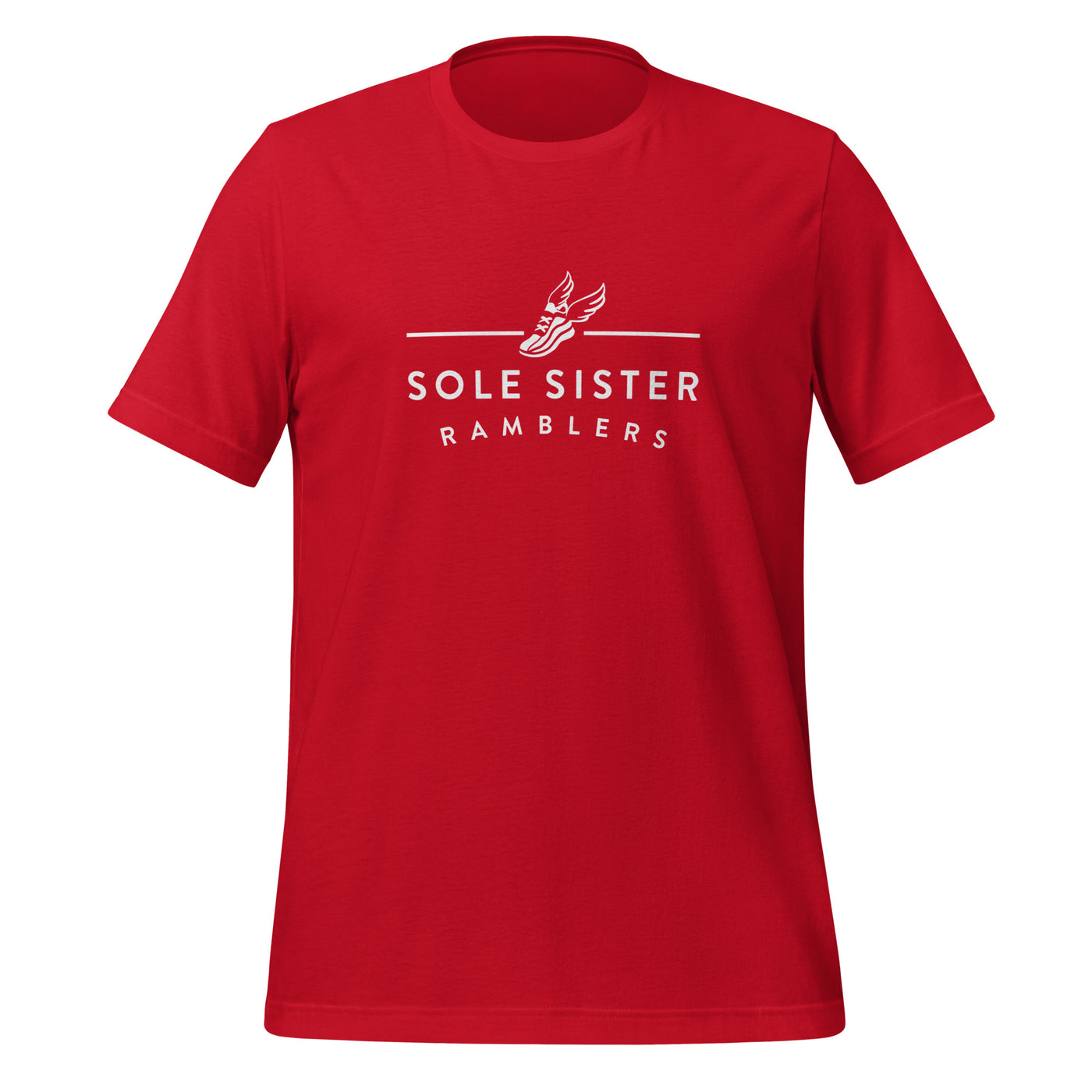 Front view of red t-shirt with horizontal Sole Sister Ramblers logo.