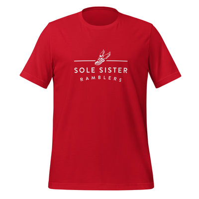 Front view of red t-shirt with horizontal Sole Sister Ramblers logo.