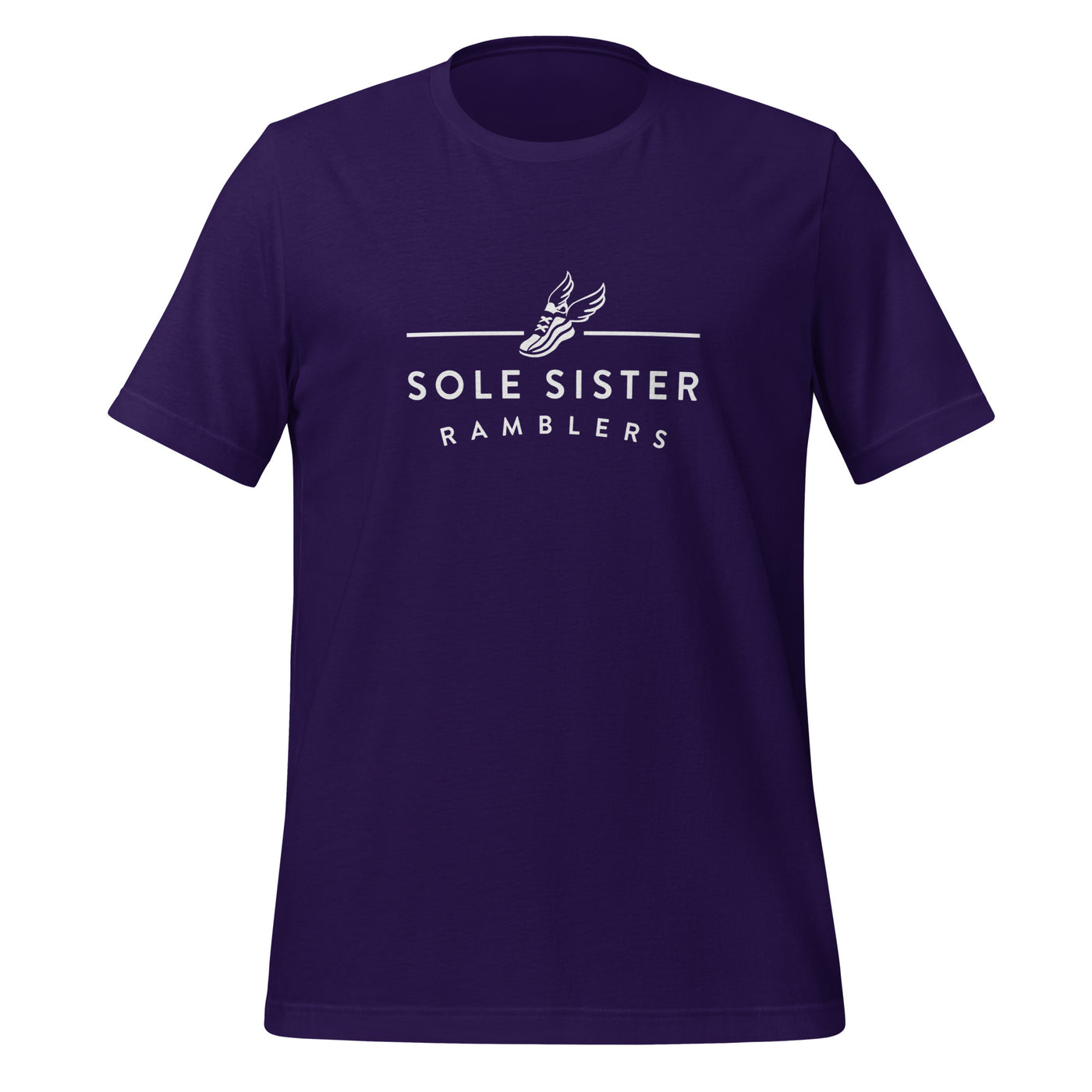 Front view of purple t-shirt with horizontal Sole Sister Ramblers logo.