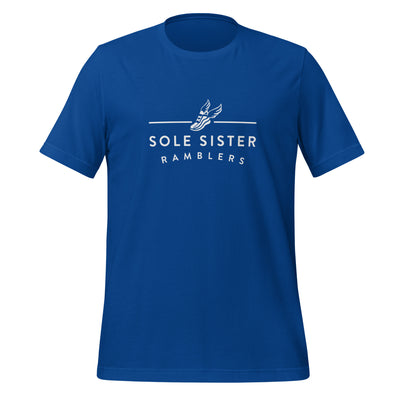 Front view of blue t-shirt with horizontal Sole Sister Ramblers logo.